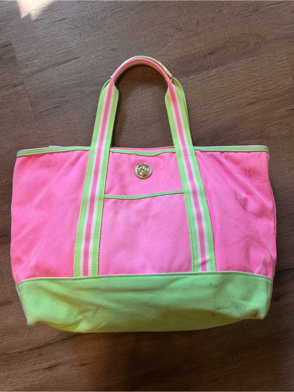 Lilly Pulitzer Mercato Tote Bag Pink Shandy Green Trim Striped Handles